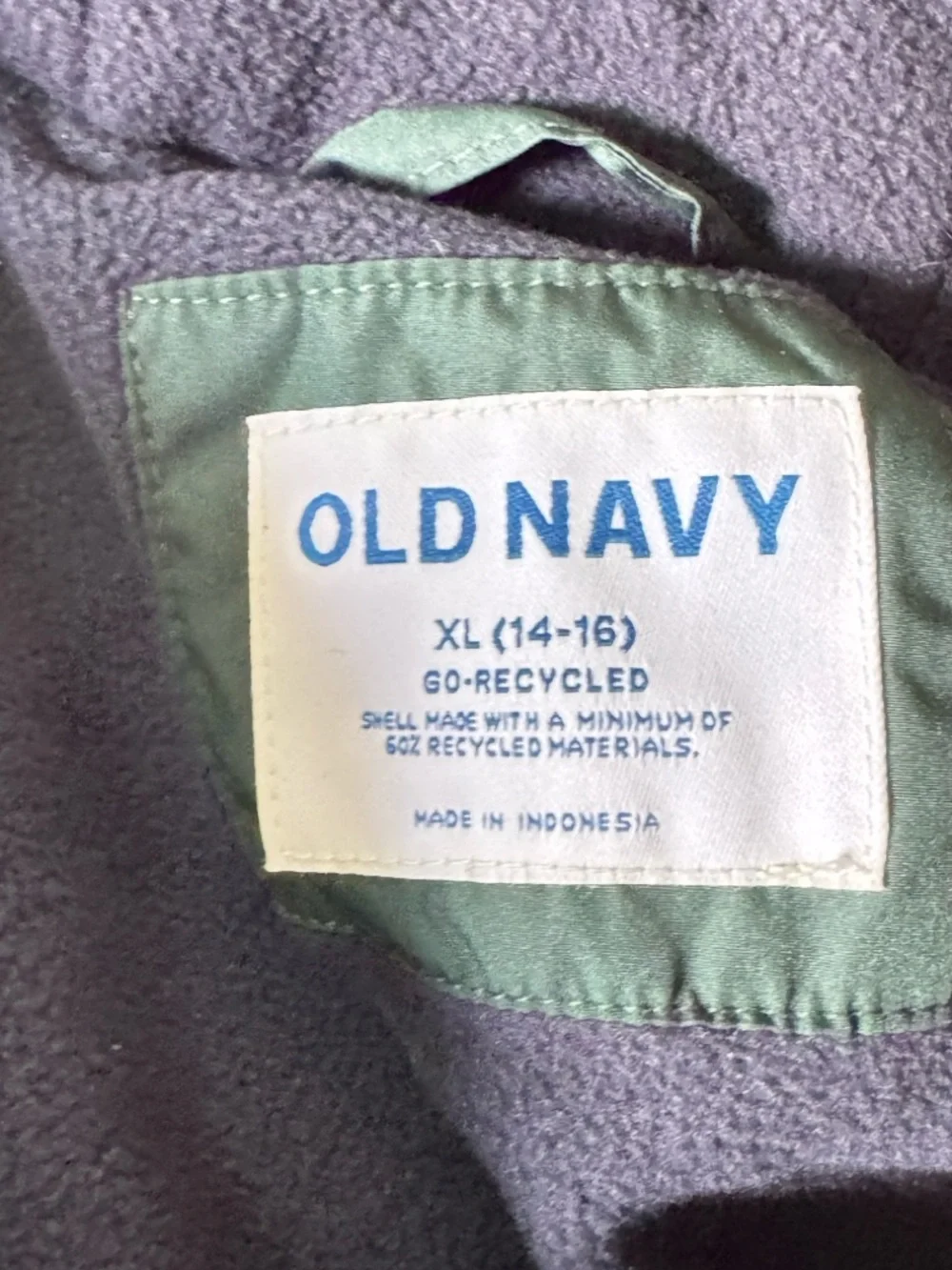 Old Navy Green Puffer Jacket with Navy Corduroy Yoke and Hood Boys XL 14-16